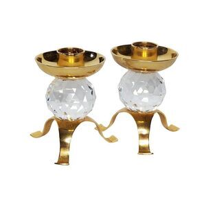 Vtg Pair Cut Faceted Crystal Ball Goldtone Candlestick Holders Lovsjo Sweden